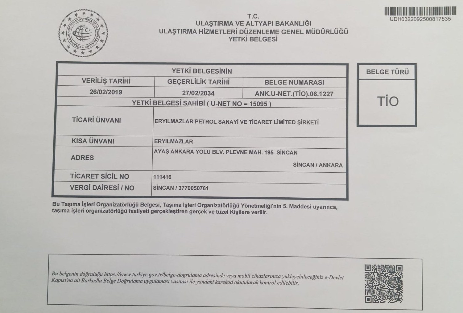 R1 (TİO) yetki belgesi